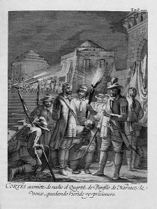 Historia_de_la_conquista_de_México_(1783)_-Cortes_acomete_de_noche_el_Quartel_de_Panfilo_de_Narvaez-_le_vence,_quedando_herido_y_prisionero